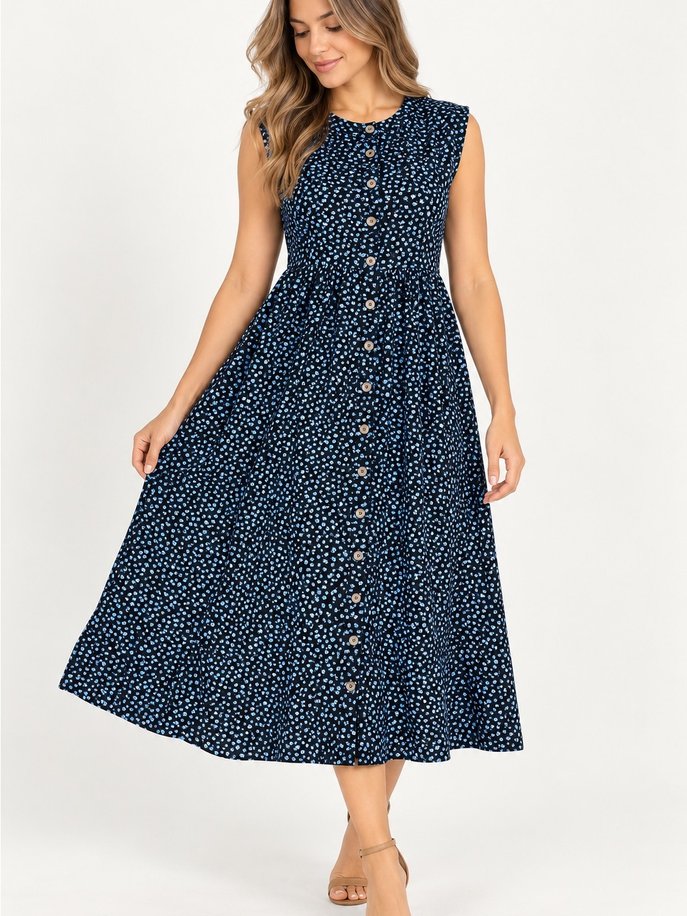 Madewell Navy Blue Sleeveless Button-Front Midi Dress with Light Blue Dot Print